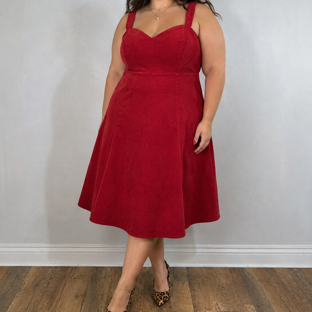 Torrid Retro Red Corduroy Dress Size 14 Sweetheart A-Line Pockets Pin Up Fall